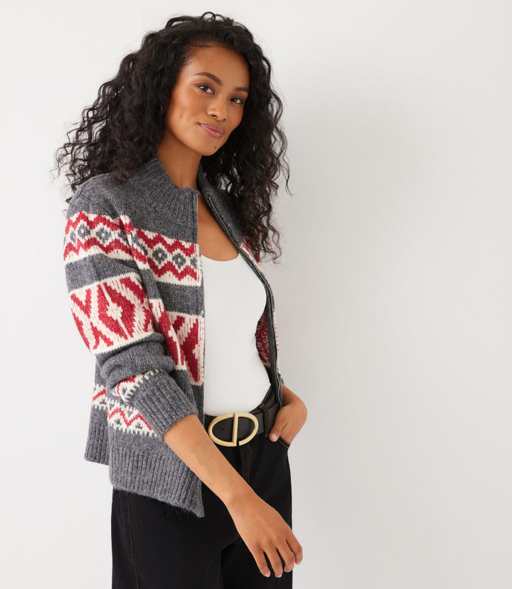 Mockneck Jacquard Zip Sweater