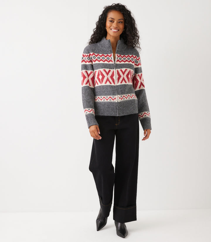 Mockneck Jacquard Zip Sweater