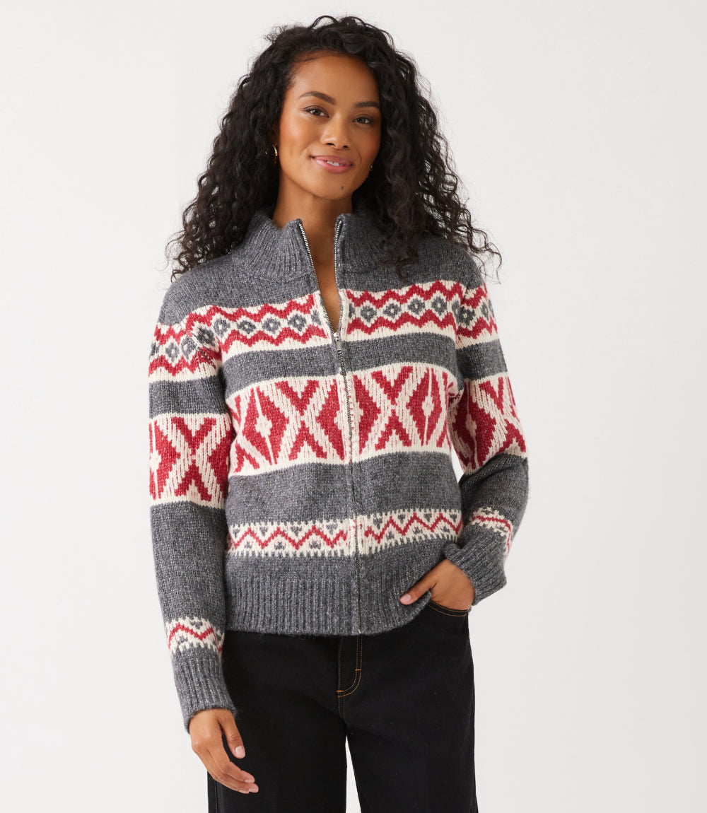 Mockneck Jacquard Zip Sweater