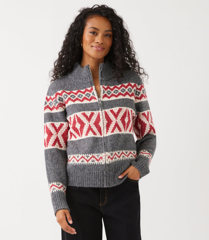 Mockneck Jacquard Zip Sweater