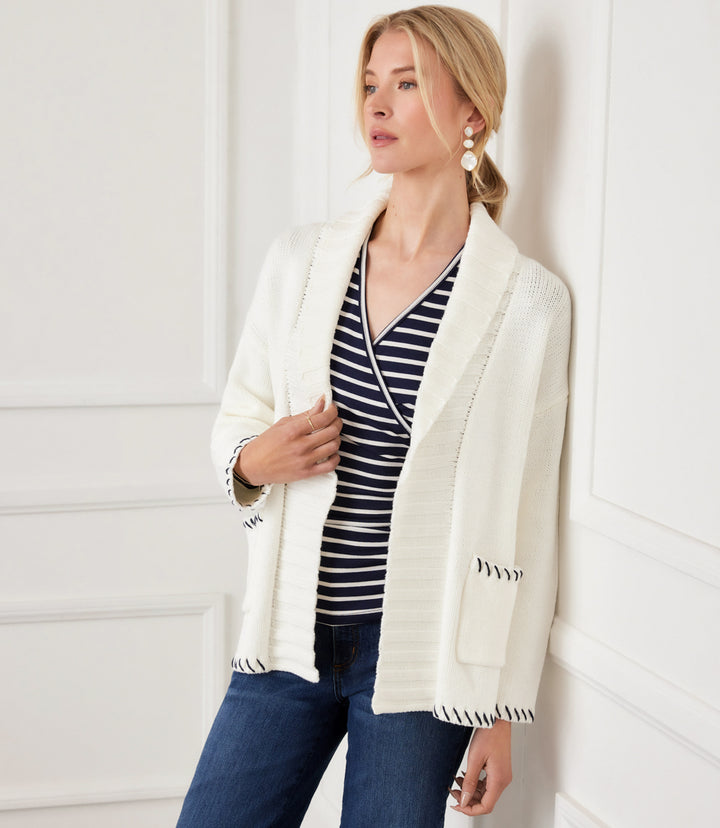 Contrast Stitch Open Front Cardigan Sweater
