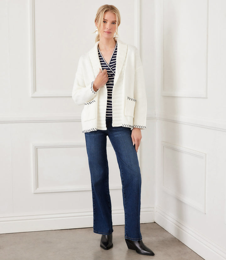 Contrast Stitch Open Front Cardigan Sweater