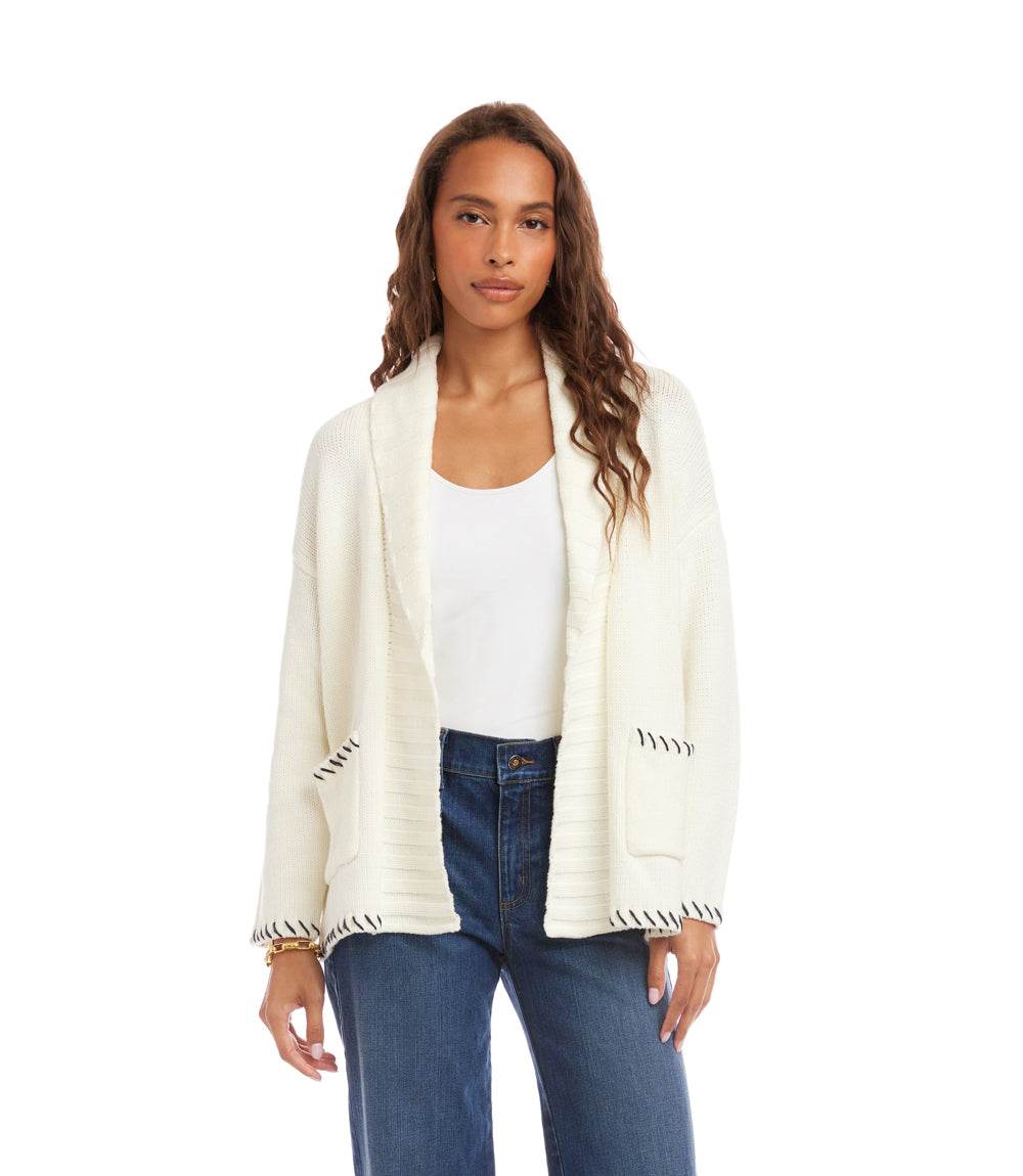 Contrast Stitch Open Front Cardigan - Modern & Versatile Sweater