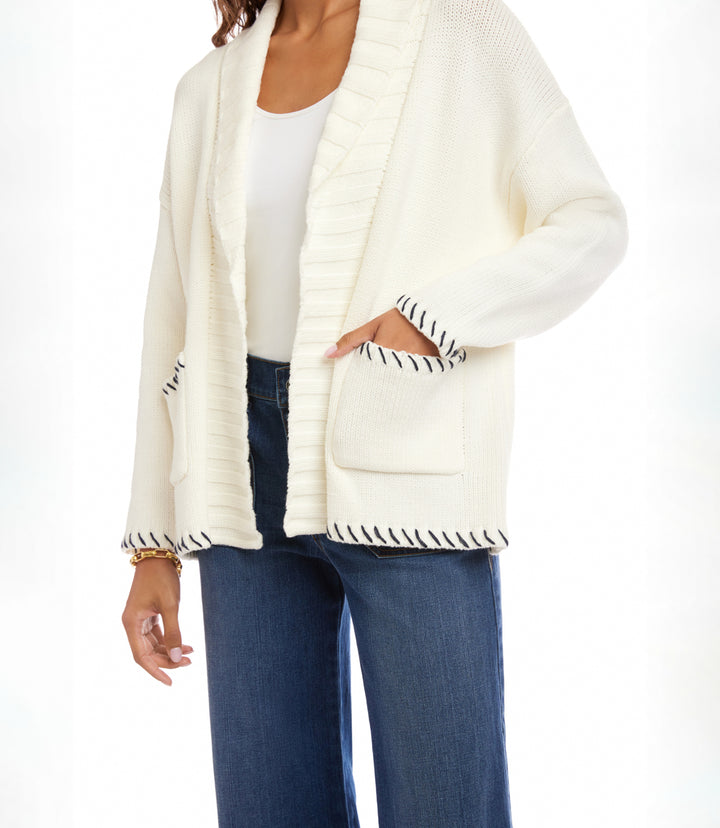 Contrast Stitch Open Front Cardigan Sweater