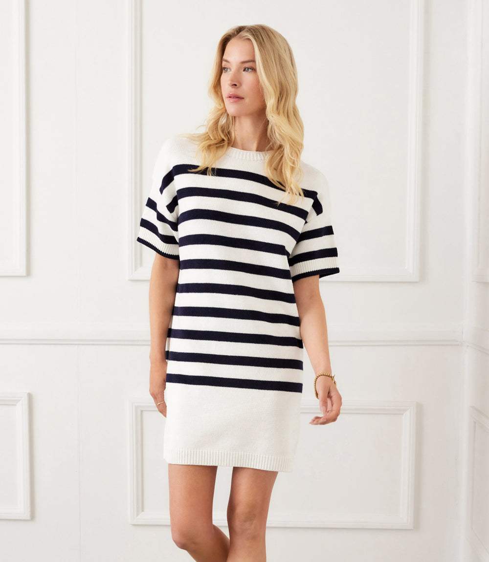 Off white and navy stripe sweater dress with drop shoulders and ribbed trim