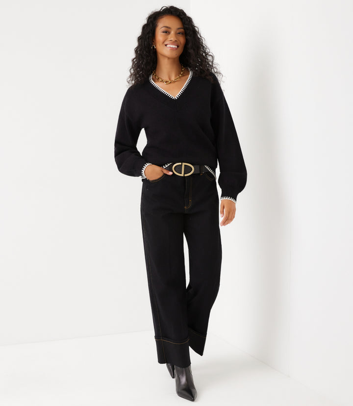 Varsity V-Neck Contrast Stitch Sweater