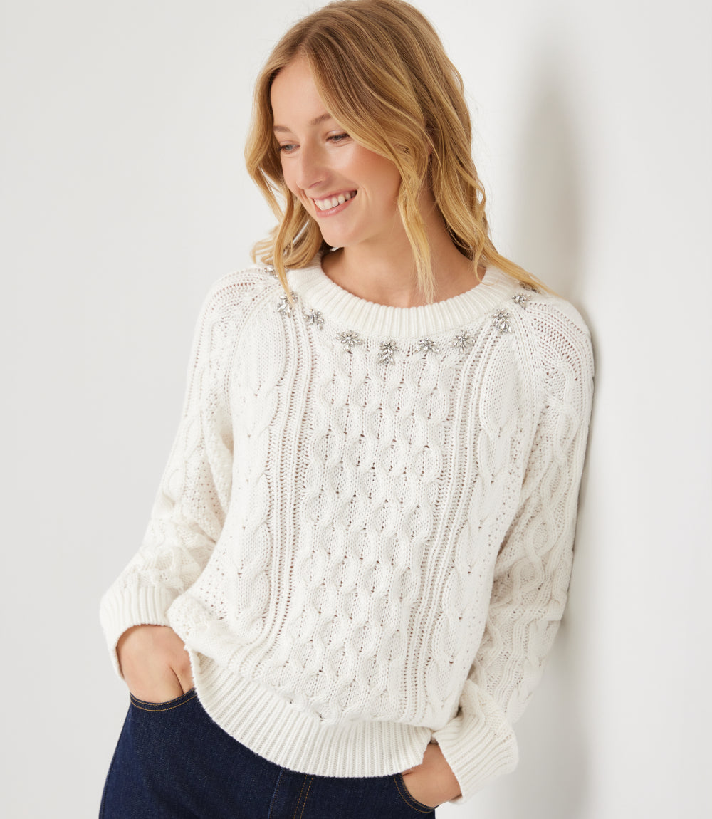 Rhinestone Crewneck Cable Knit Sweater