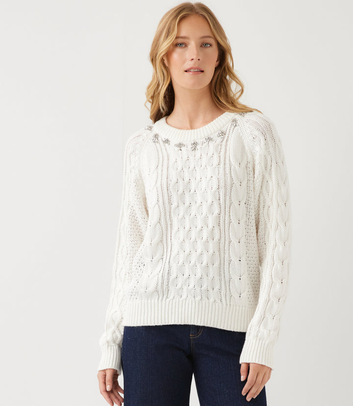 Rhinestone Crewneck Cable Knit Sweater