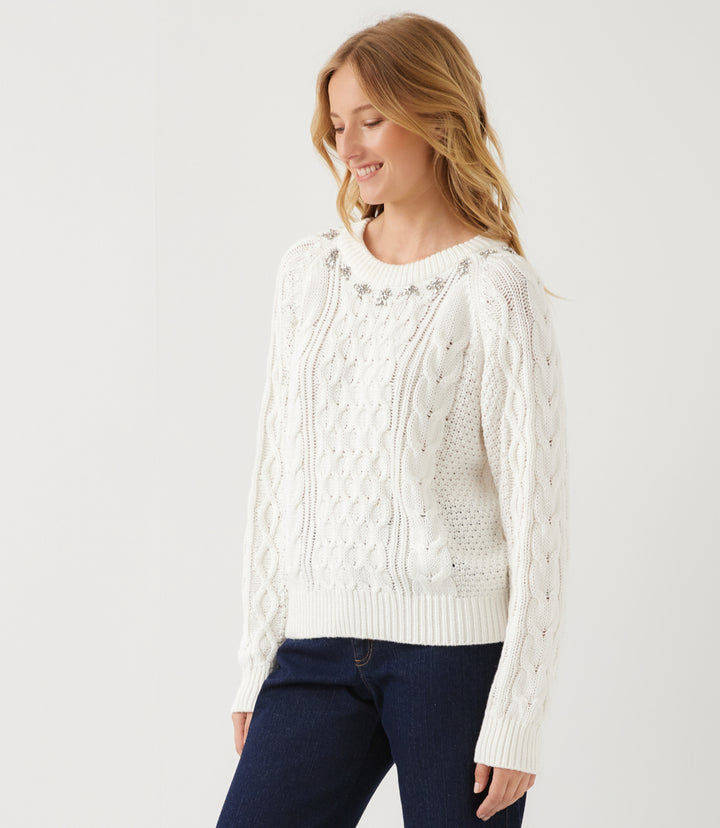 Rhinestone Crewneck Cable Knit Sweater