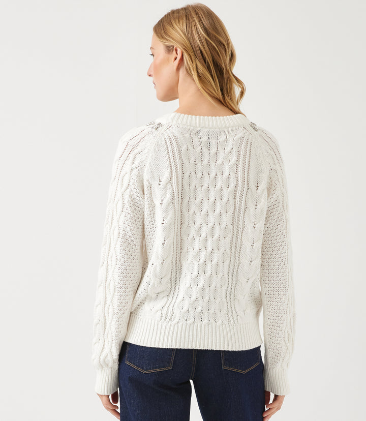Rhinestone Crewneck Cable Knit Sweater