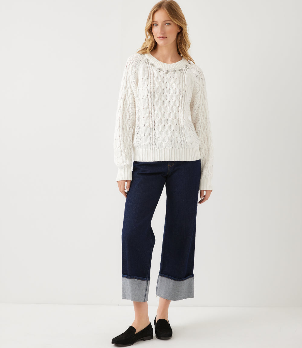 Rhinestone Crewneck Cable Knit Sweater