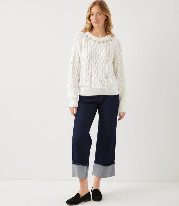 Rhinestone Crewneck Cable Knit Sweater
