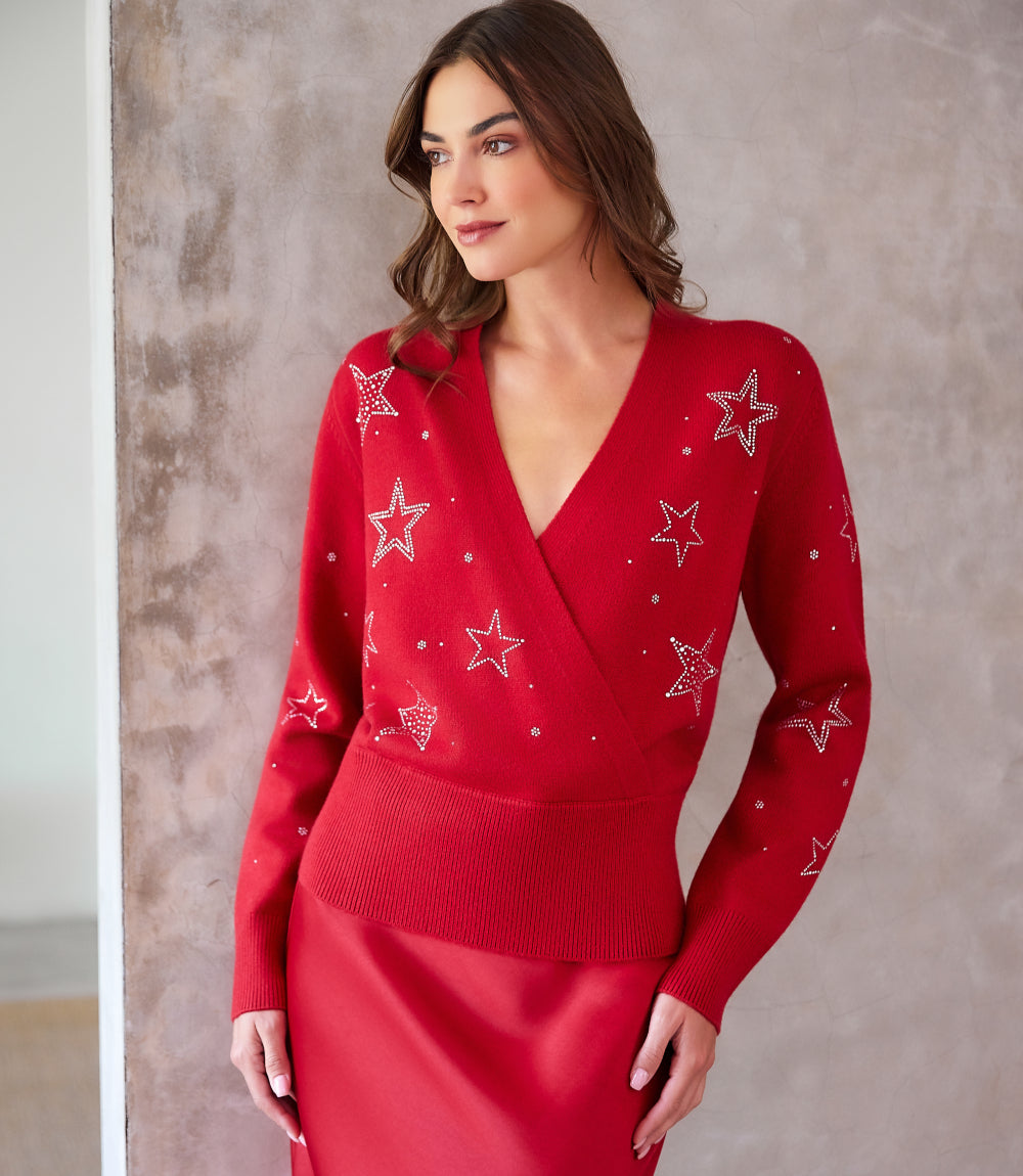 Petite Size Embellished Star Wrap Sweater
