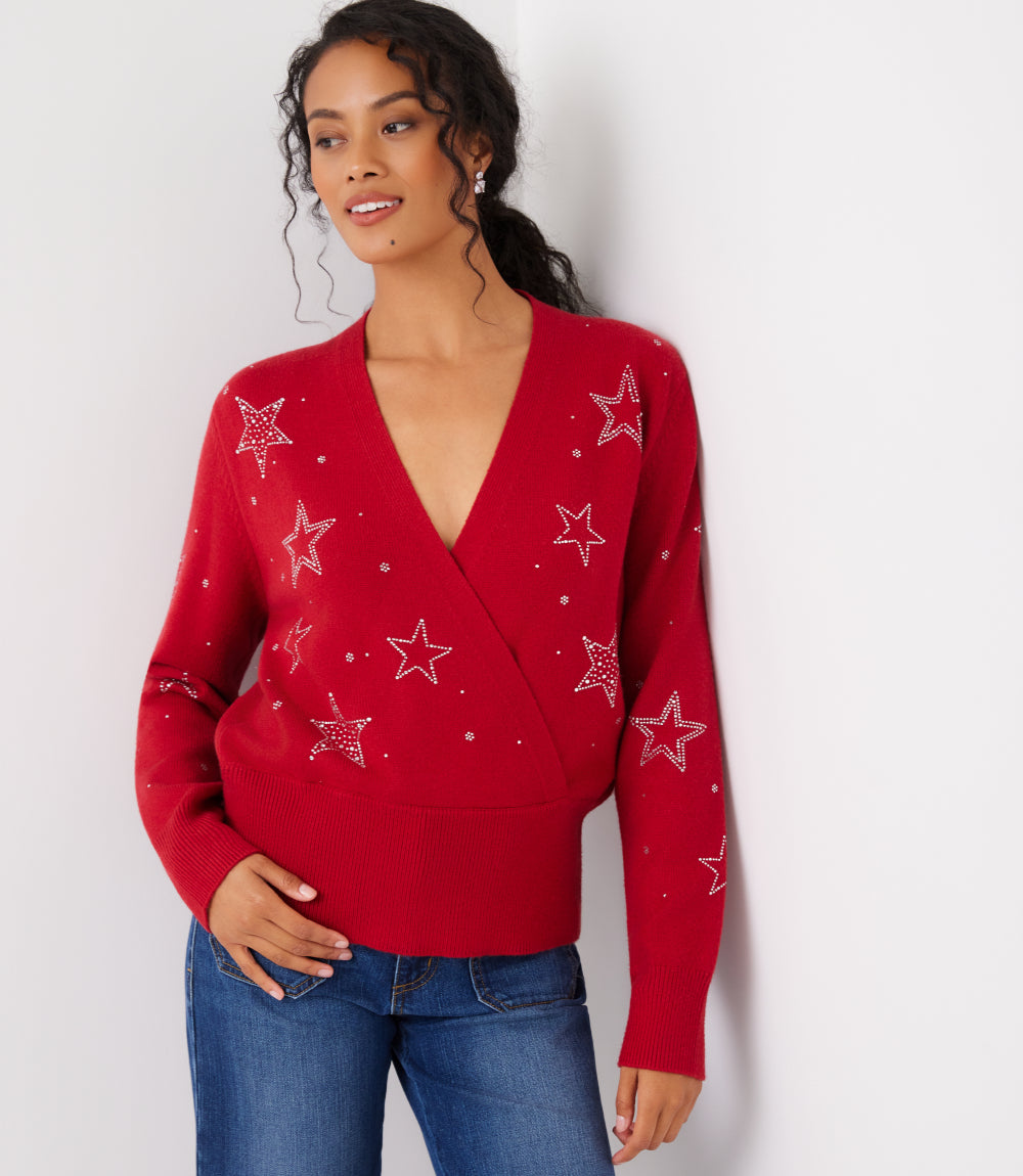 Petite Size Embellished Star Wrap Sweater