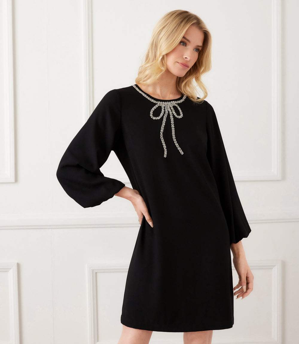 Petite Size Puff Sleeve Dress - Embellished Bow Shift for Elegant Style Karen Kane Petite Size Puff Sleeve Dress - Embellished Bow Shift for Elegant Style Karen Kane