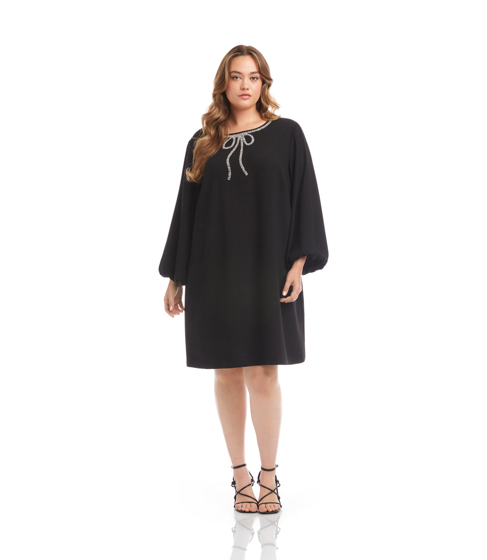 Plus Size Puff Sleeve Embellished Bow Shift Dress