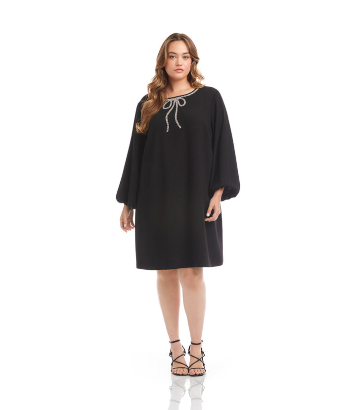Plus Size Puff Sleeve Embellished Bow Shift Dress