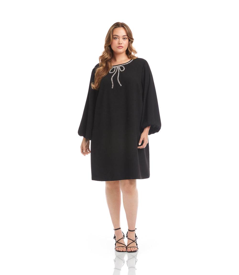 Plus Size Puff Sleeve Dress - Embellished Bow Shift for Elegant Looks Karen Kane Plus Size Puff Sleeve Dress - Embellished Bow Shift for Elegant Looks Karen Kane