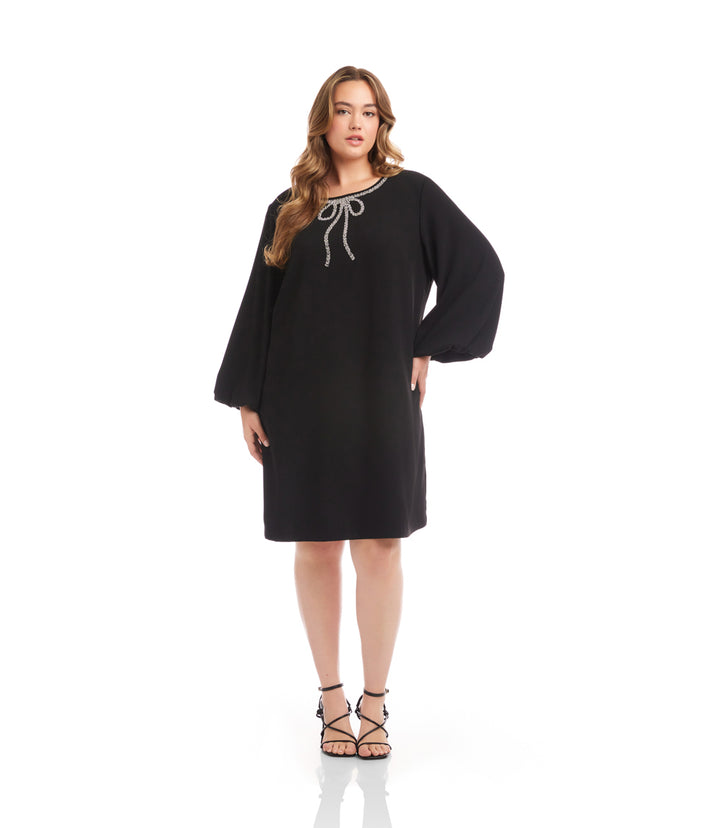 Plus Size Puff Sleeve Embellished Bow Shift Dress
