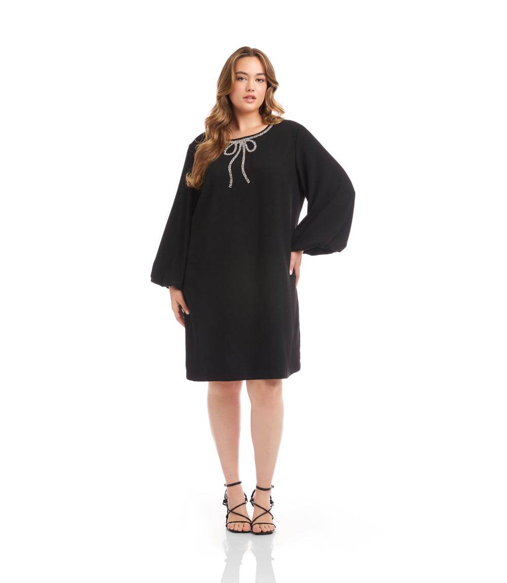 Plus Size Puff Sleeve Dress - Embellished Bow Shift for Elegant Looks Karen Kane Plus Size Puff Sleeve Dress - Embellished Bow Shift for Elegant Looks Karen Kane