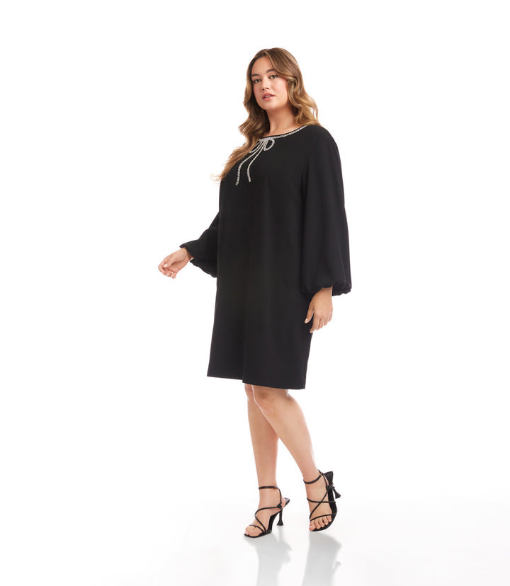 Plus Size Puff Sleeve Embellished Bow Shift Dress