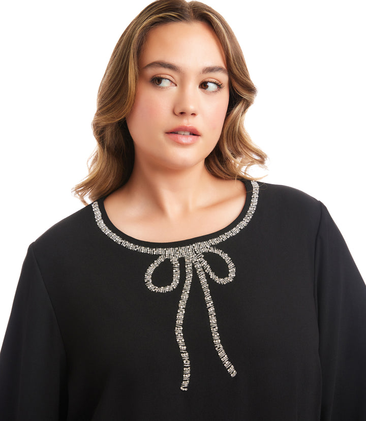 Plus Size Puff Sleeve Embellished Bow Shift Dress