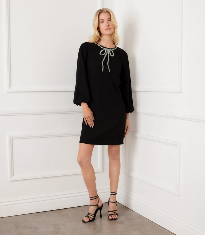 Puff Sleeve Embellished Bow Shift Dress