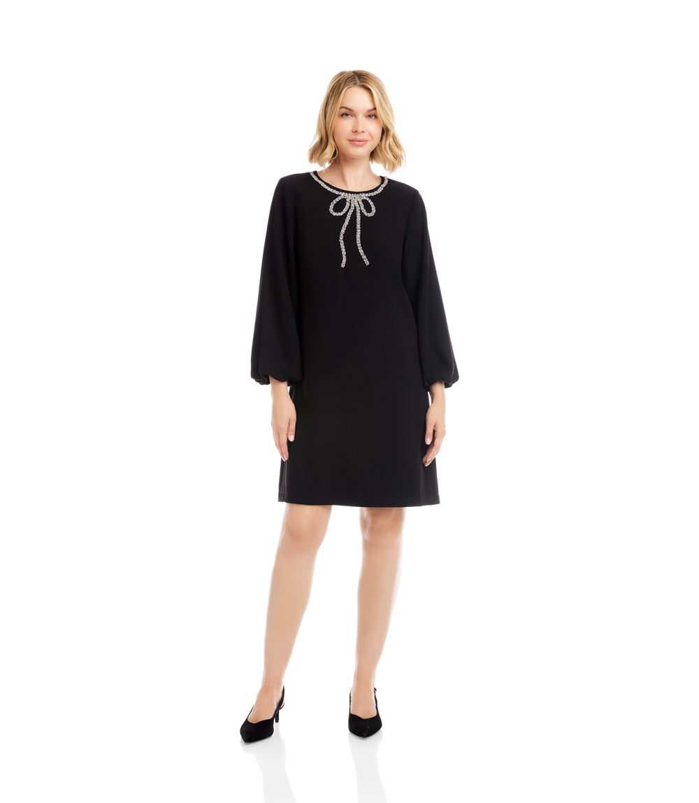 Puff Sleeve Embellished Bow Shift Dress