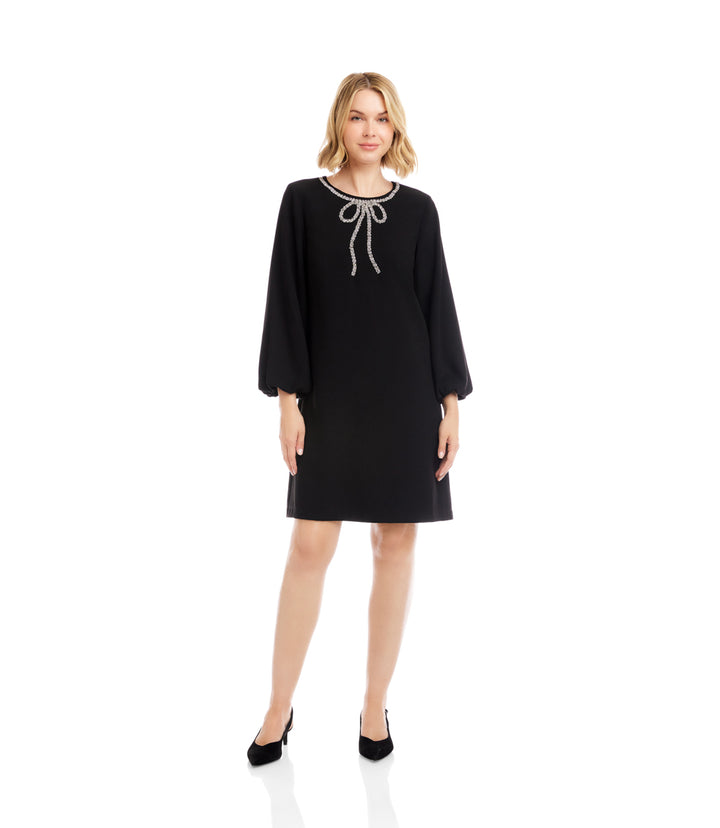Puff Sleeve Embellished Bow Shift Dress