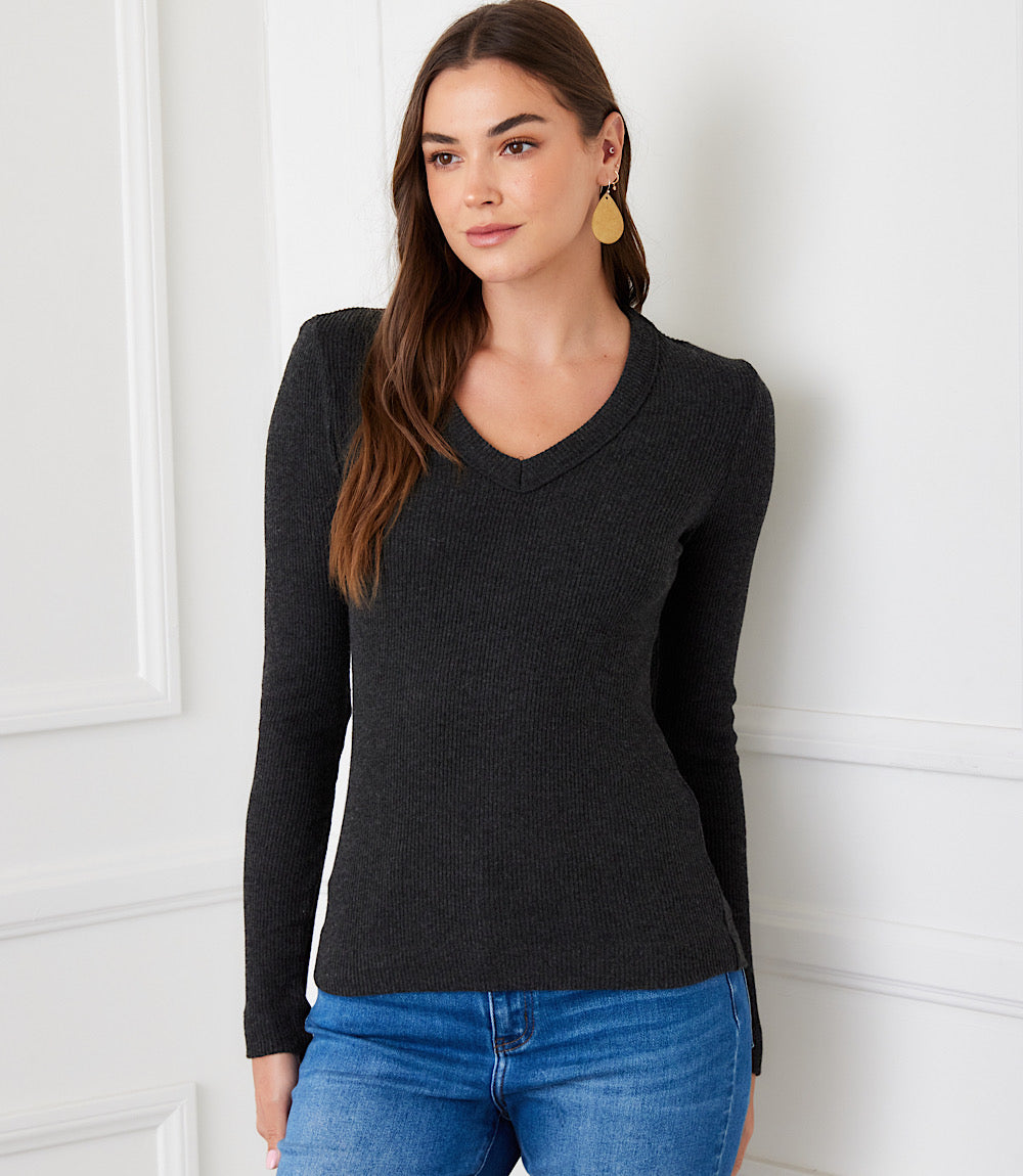 Ribbed Long Sleeve V-neck Top