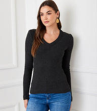 Ribbed Long Sleeve V-neck Top