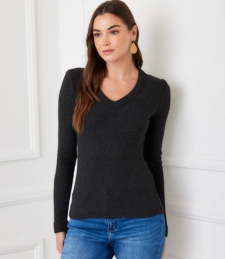 Ribbed Long Sleeve V-neck Top