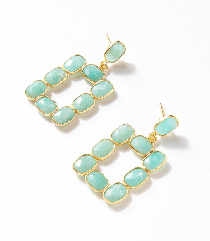 Rectangular gemstone bezel earrings with amazonite stones and 18K gold plated sterling silver setting