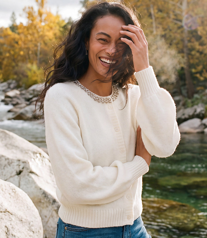 Petite Size Embellished Crewneck Cardigan Sweater