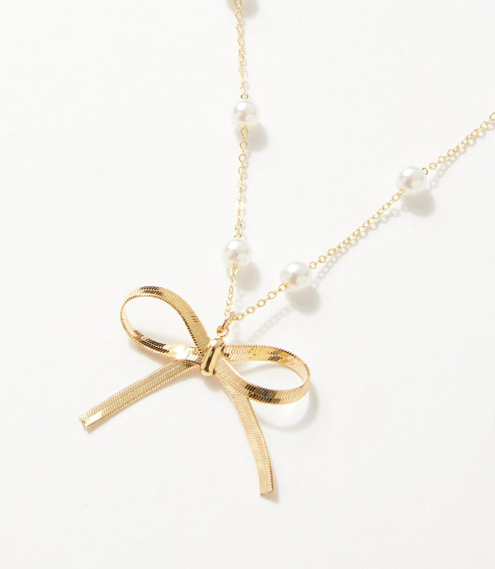 Beaded Pearl Bow Charm Necklace