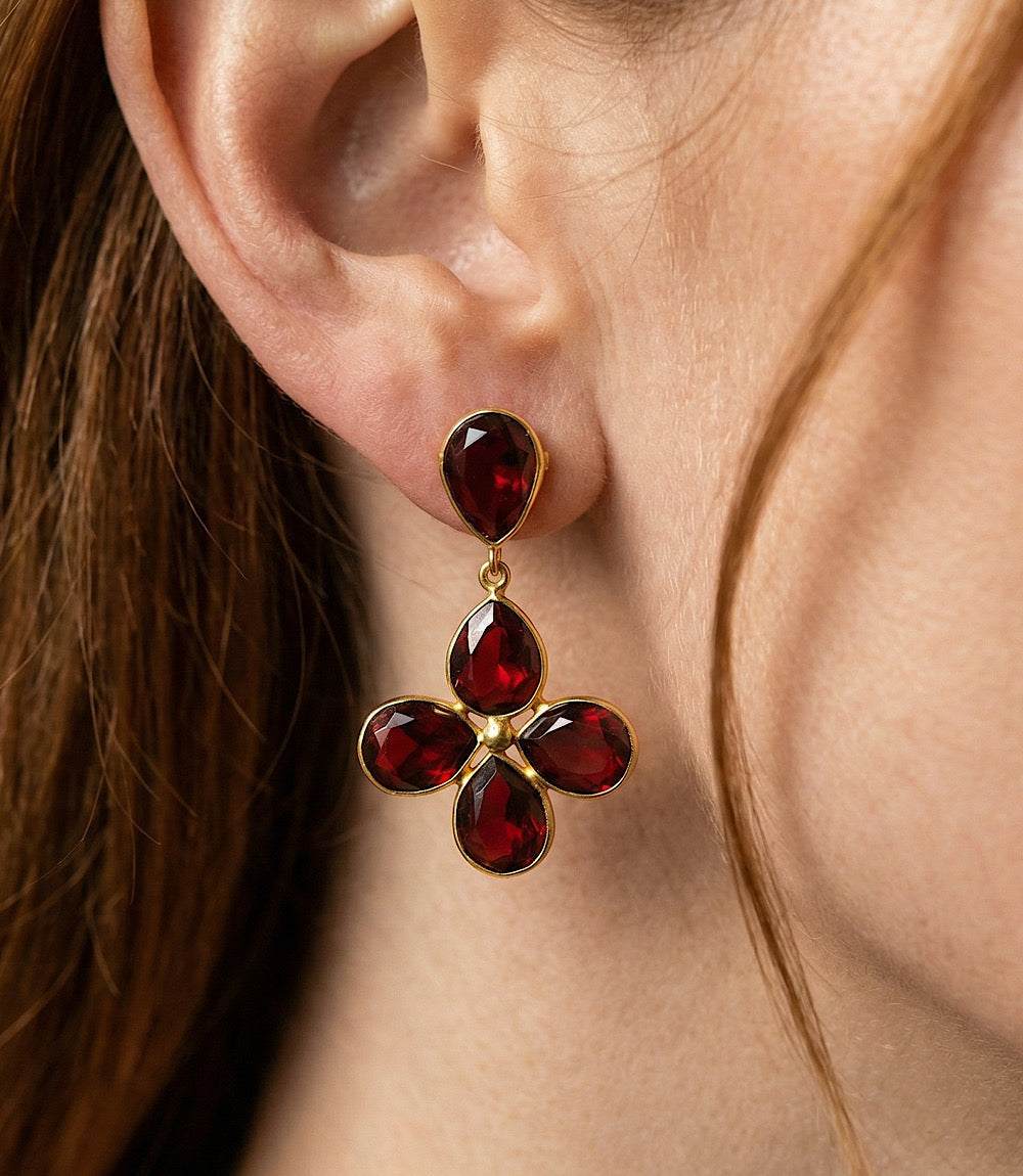 Elegant gemstone cluster earrings with five burgundy synthetic garnets in gold-plated brass setting