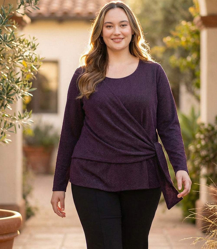 Plus Size Long Sleeve metallic knit top with side-tie knot and scoop neck