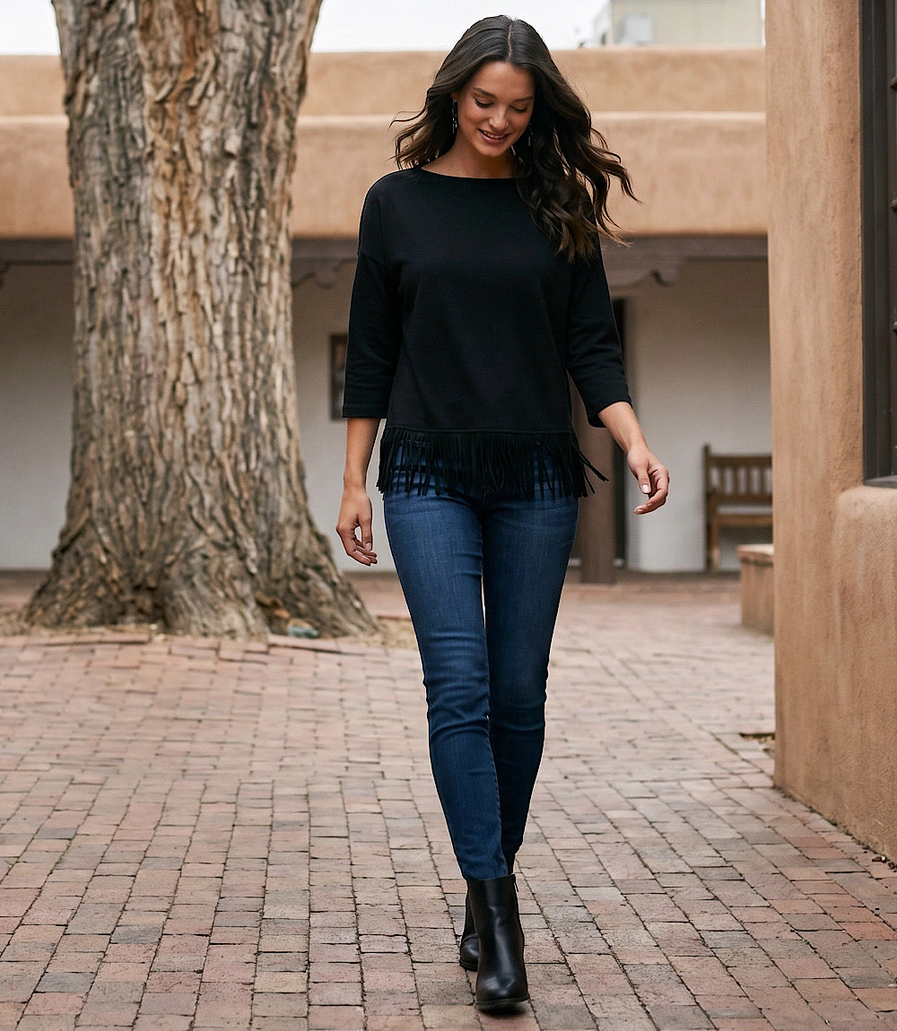 3/4 Sleeve Fringe Boatneck Top