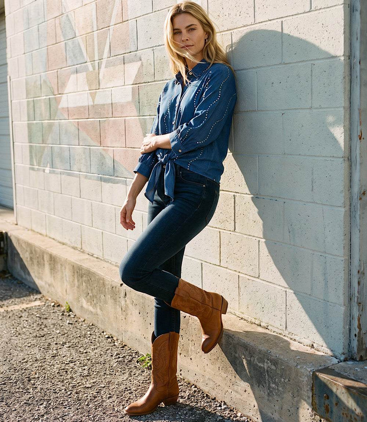 Blouson Sleeve Gemstone Denim Shirt