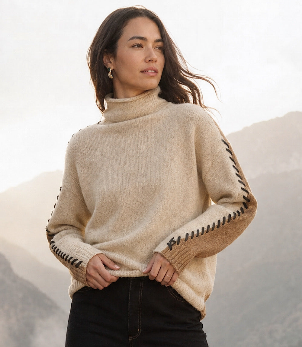 Petite Size Contrast Stitch Mock Neck Colorblock Sweater