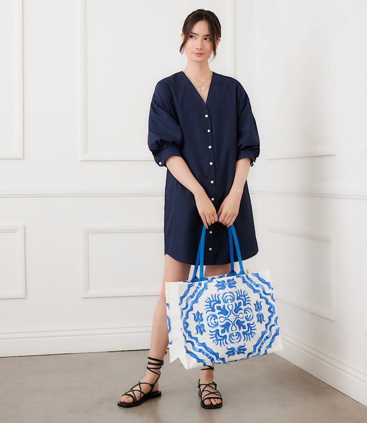 Square Blue Tile Block Print Tote Bag