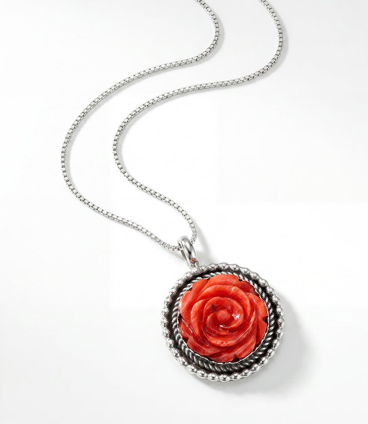 Carved Flower Spiny Oyster Pendant Necklace