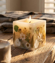 Pressed flower hurricane candle with soy wax and botanical floral collage