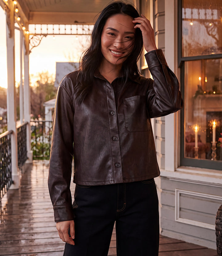 Faux Leather Long Sleeve Button-Up Shirt