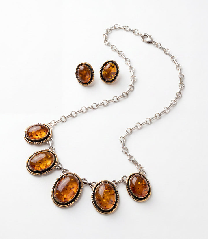 Vintage Amber Station Necklace And Earring Set