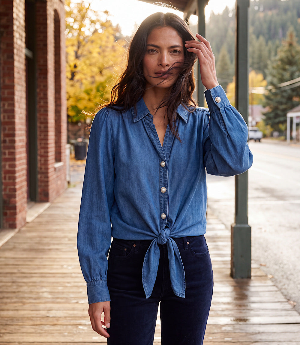Denim Long Sleeve Tie-Front Top