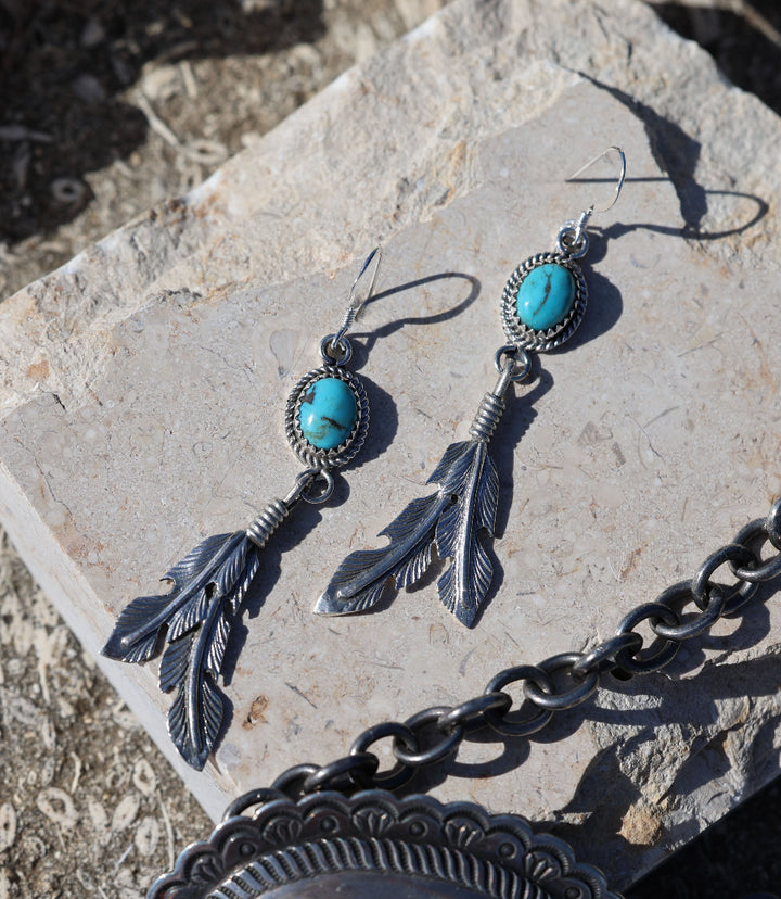 Kingman Turquoise Feather Dangle Earrings