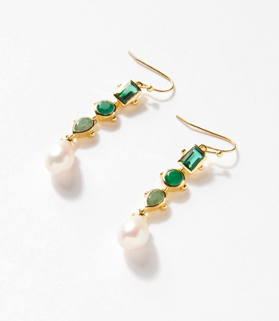 Multi gemstone drop earrings with green tourmaline, aventurine, pearl, onyx, and gold-plated brass setting