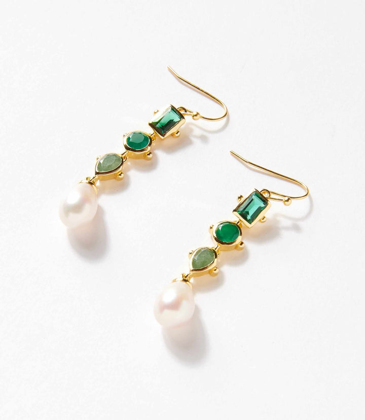Multi gemstone drop earrings with green tourmaline, aventurine, pearl, onyx, and gold-plated brass setting