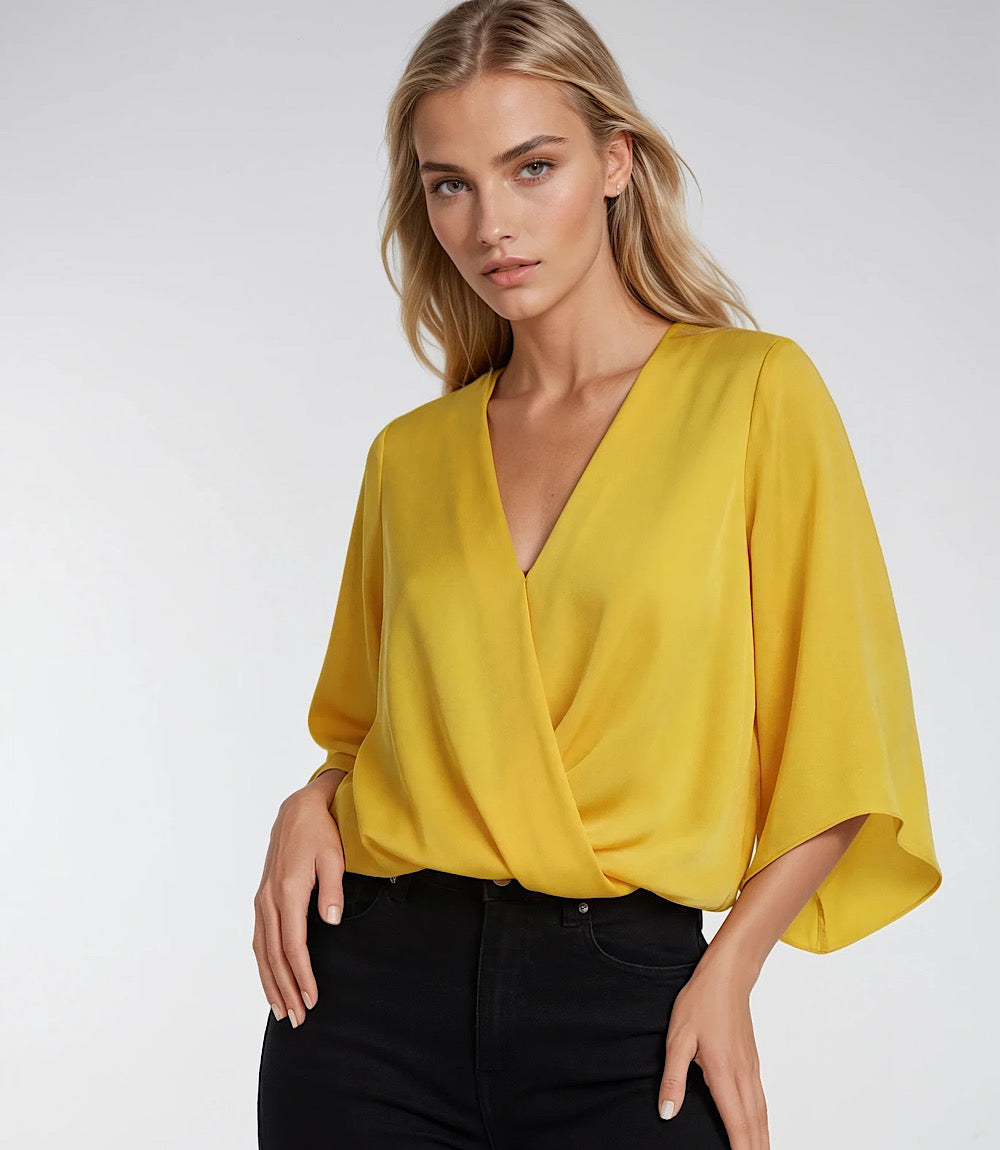 Petite Size Bracelet Sleeve Drape Front Crossover Top